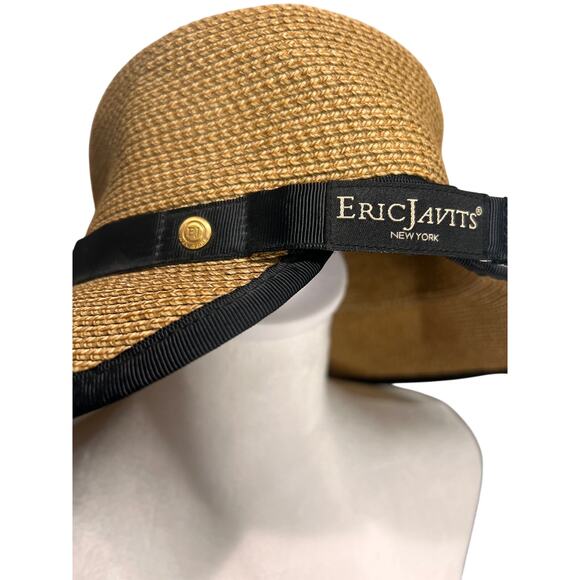 Eric Javits Visor Adjustable Straw Hat UPF 50+ Beige Black Packable Sunbust Bow - Picture 4 of 11